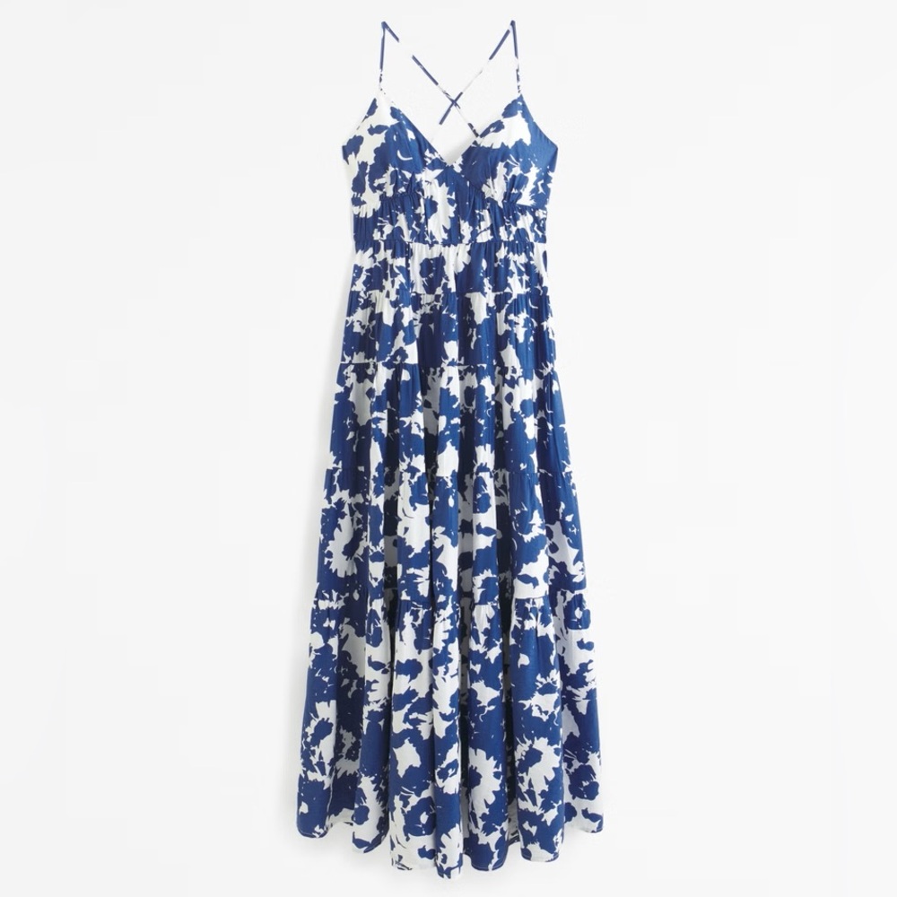 ABERCROMBIE Flowy Tiered Maxi Dress Petite Medium Blue & White Pattern